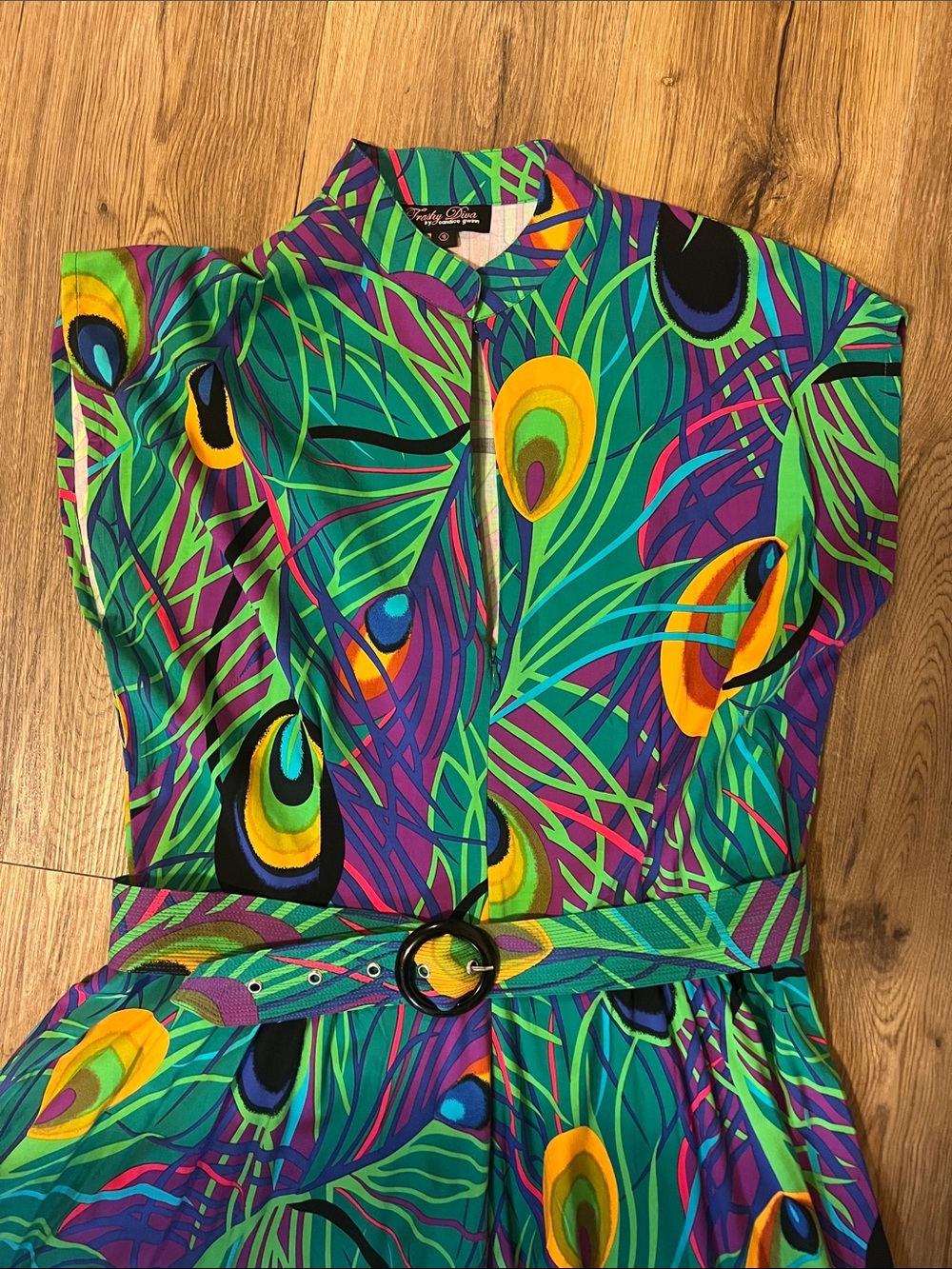 Trashy Diva Vibrant Peacock Print Fit-and-Flare Belted Dress Size 16 - Picture 2 of 6